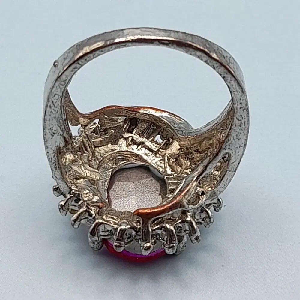 Vintage Pink Glass Cocktail Ring, Size 6.25, Clear Rhinestones, Silver Tone